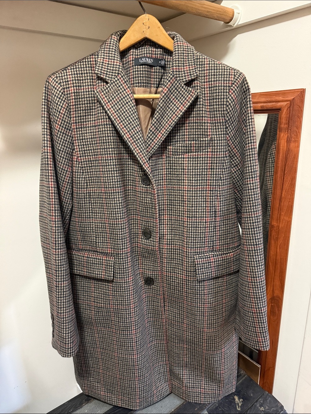 Ralph Lauren Brown Houndstooth Pea Coat with Pink Windowpane